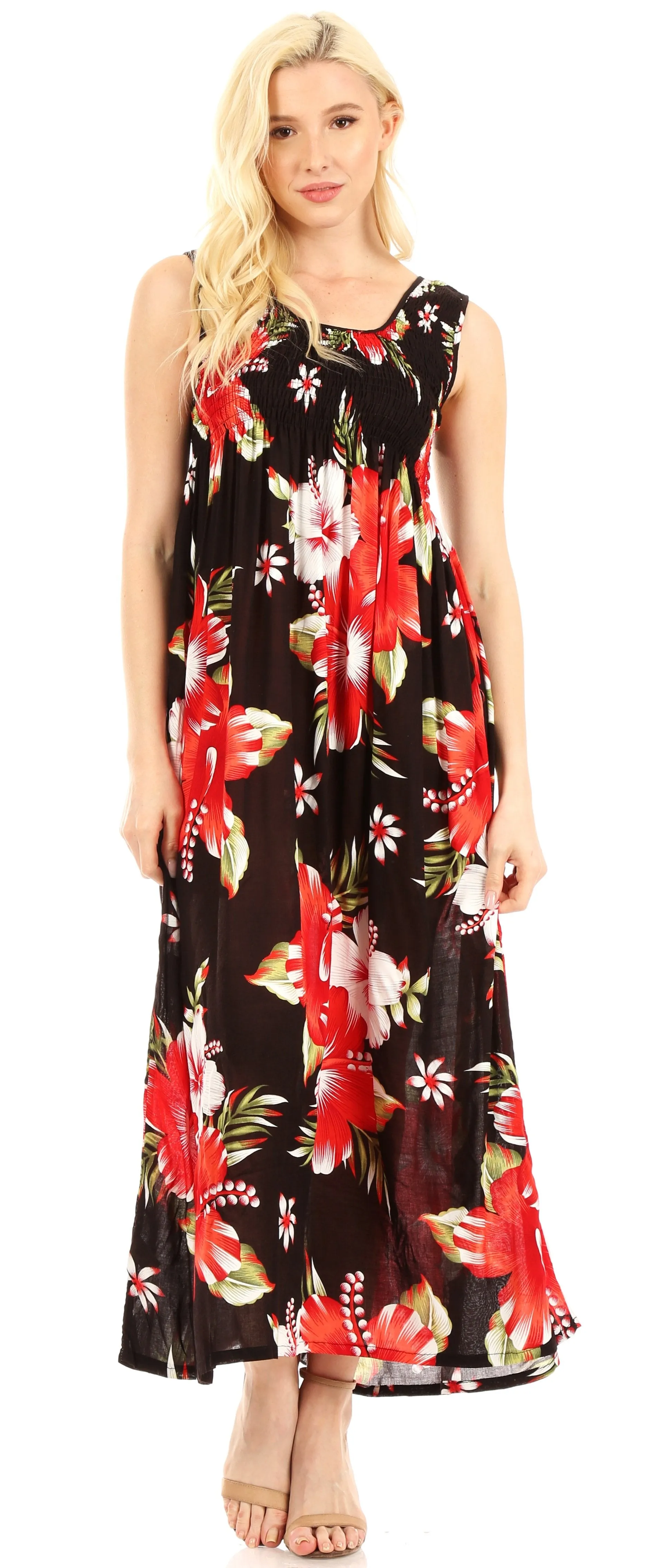 Sakkas Iyabo Women's Sleeveless Casual Summer Floral Print Dress Maxi Long Stretch