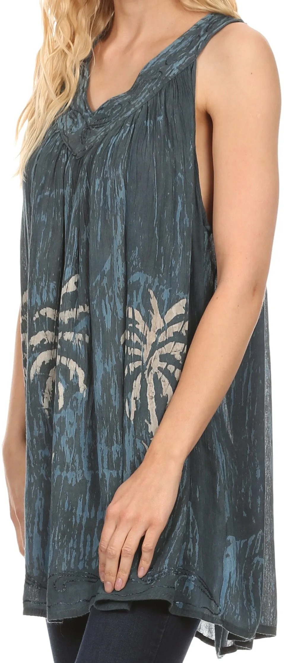 Sakkas Loonmiya Long Tall Embroidered Batik Sleeveless Tank Top Shirt Blouse Top