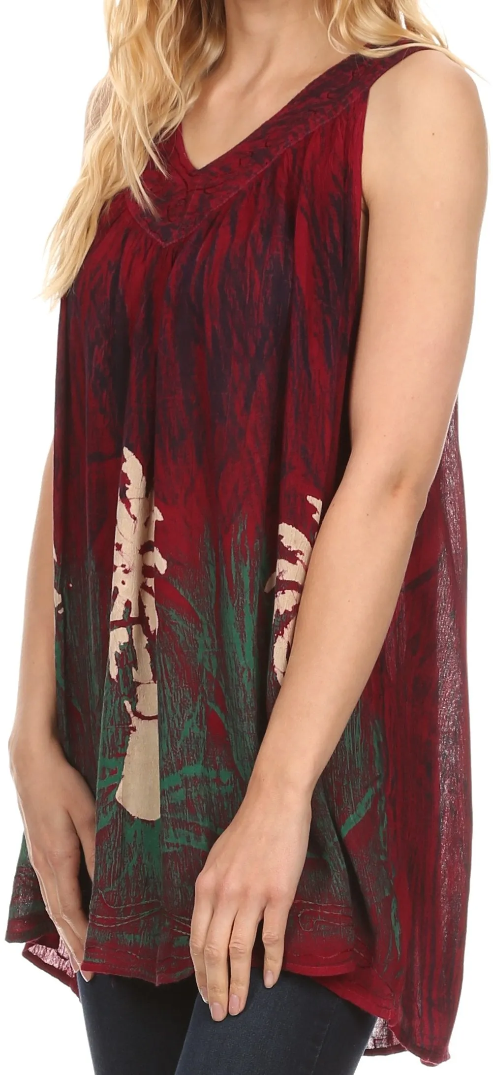 Sakkas Loonmiya Long Tall Embroidered Batik Sleeveless Tank Top Shirt Blouse Top