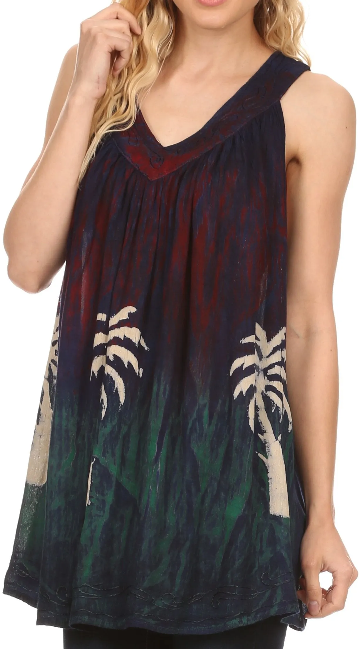 Sakkas Loonmiya Long Tall Embroidered Batik Sleeveless Tank Top Shirt Blouse Top