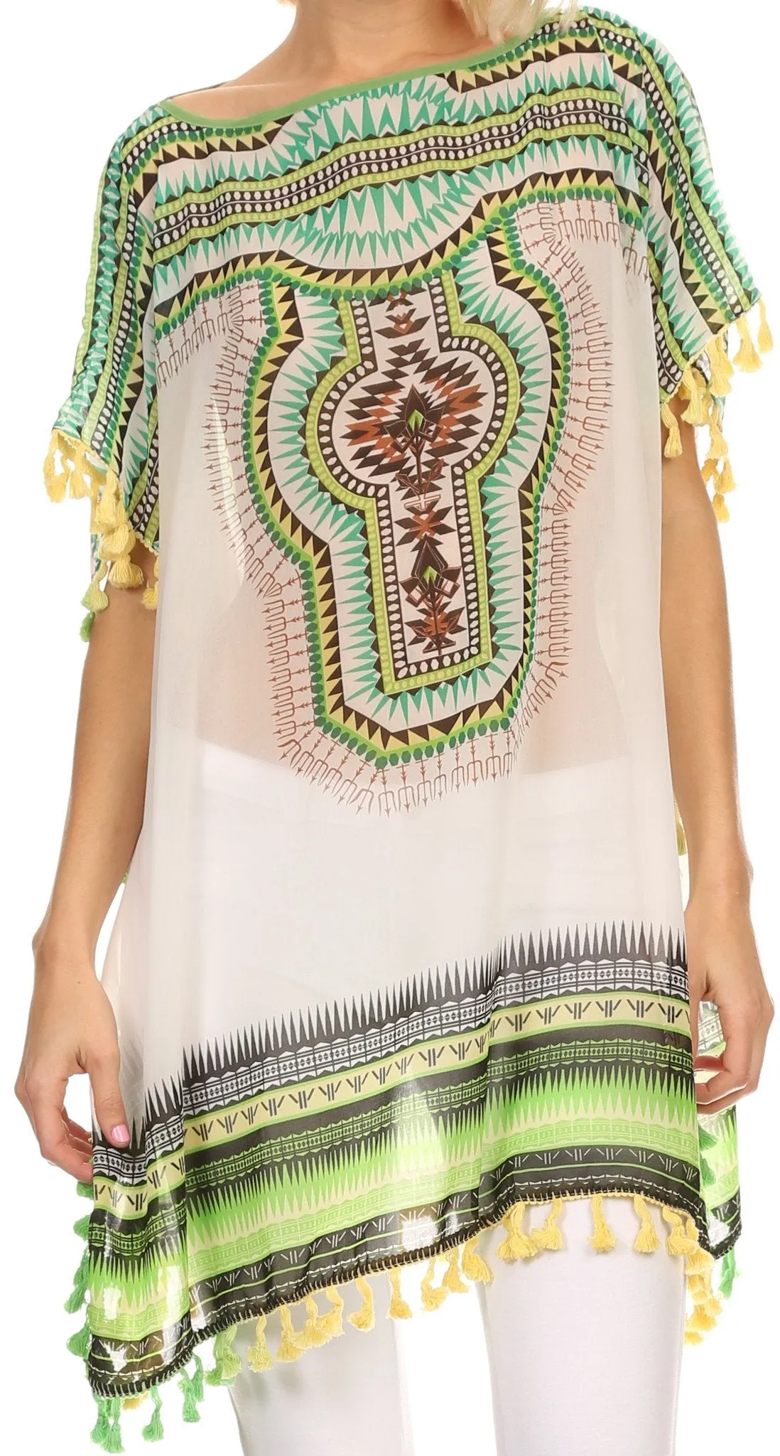 Sakkas Luiem Long Tall Wide Tribal Print Multi Colored Tassel Poncho Top Blouse