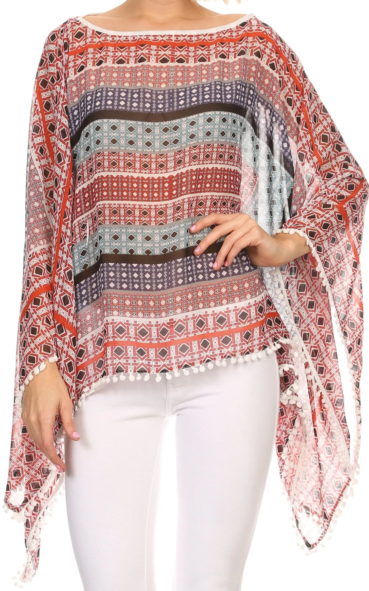 Sakkas Luiem Long Tall Wide Tribal Print Multi Colored Tassel Poncho Top Blouse