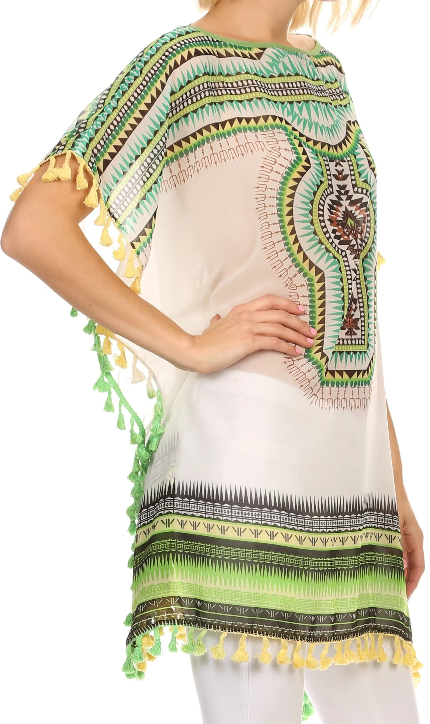 Sakkas Luiem Long Tall Wide Tribal Print Multi Colored Tassel Poncho Top Blouse