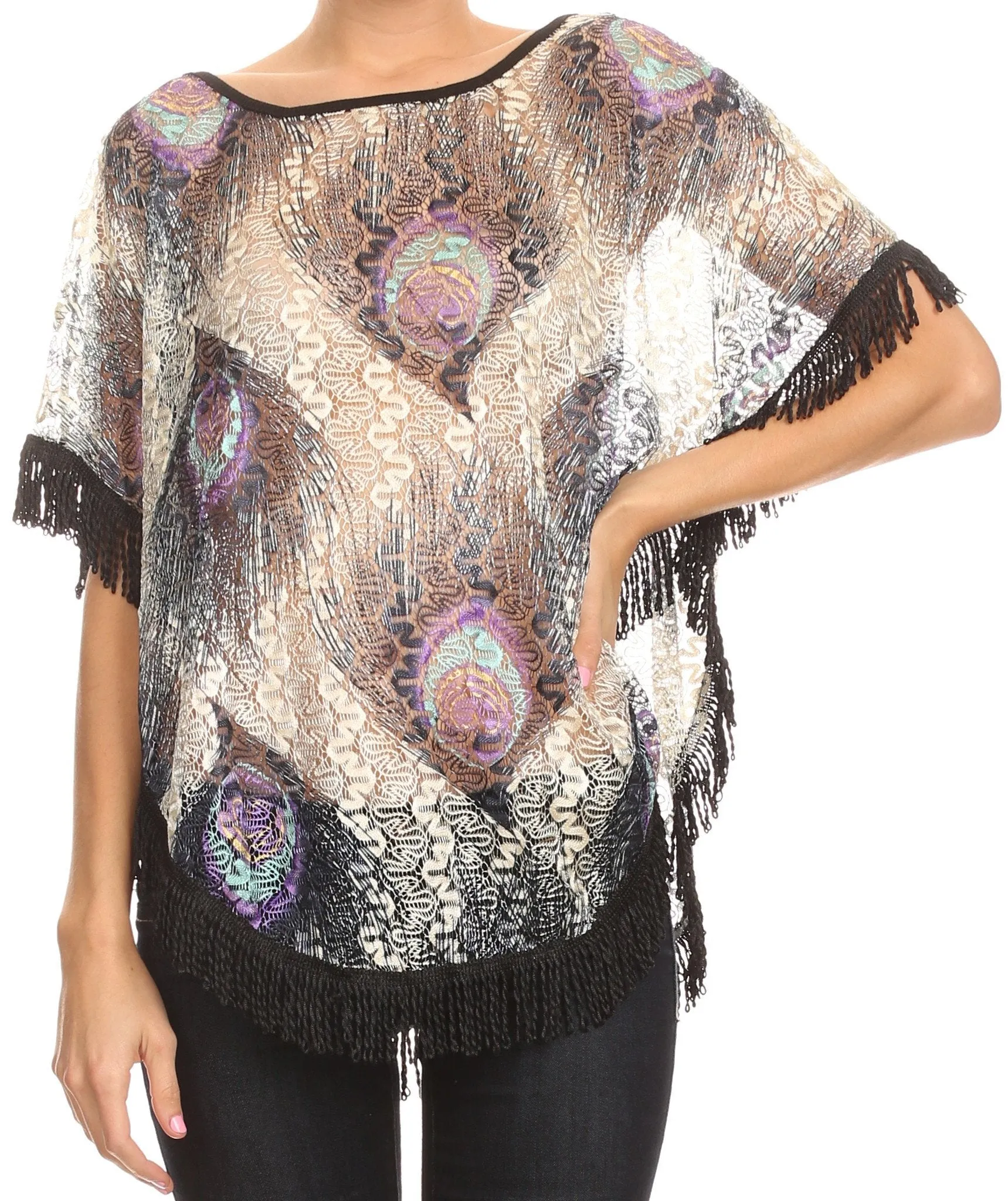 Sakkas Paney Long Wide Lace Embroidered Fringe Tassel Loose Poncho Top Blouse