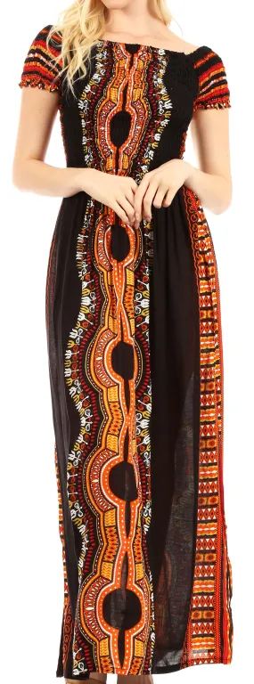 Sakkas Siona Women's Long Maxi Casual Off Shoulder Dashiki African Dress Elastic