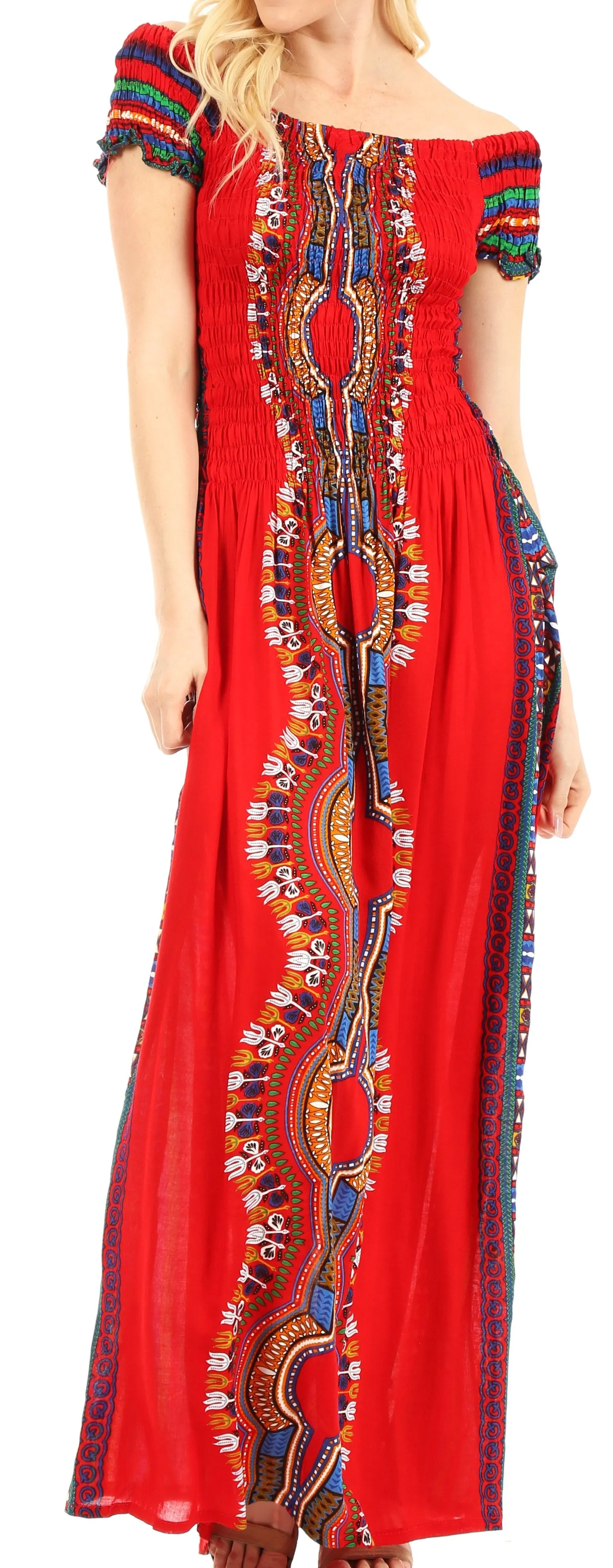 Sakkas Siona Women's Long Maxi Casual Off Shoulder Dashiki African Dress Elastic