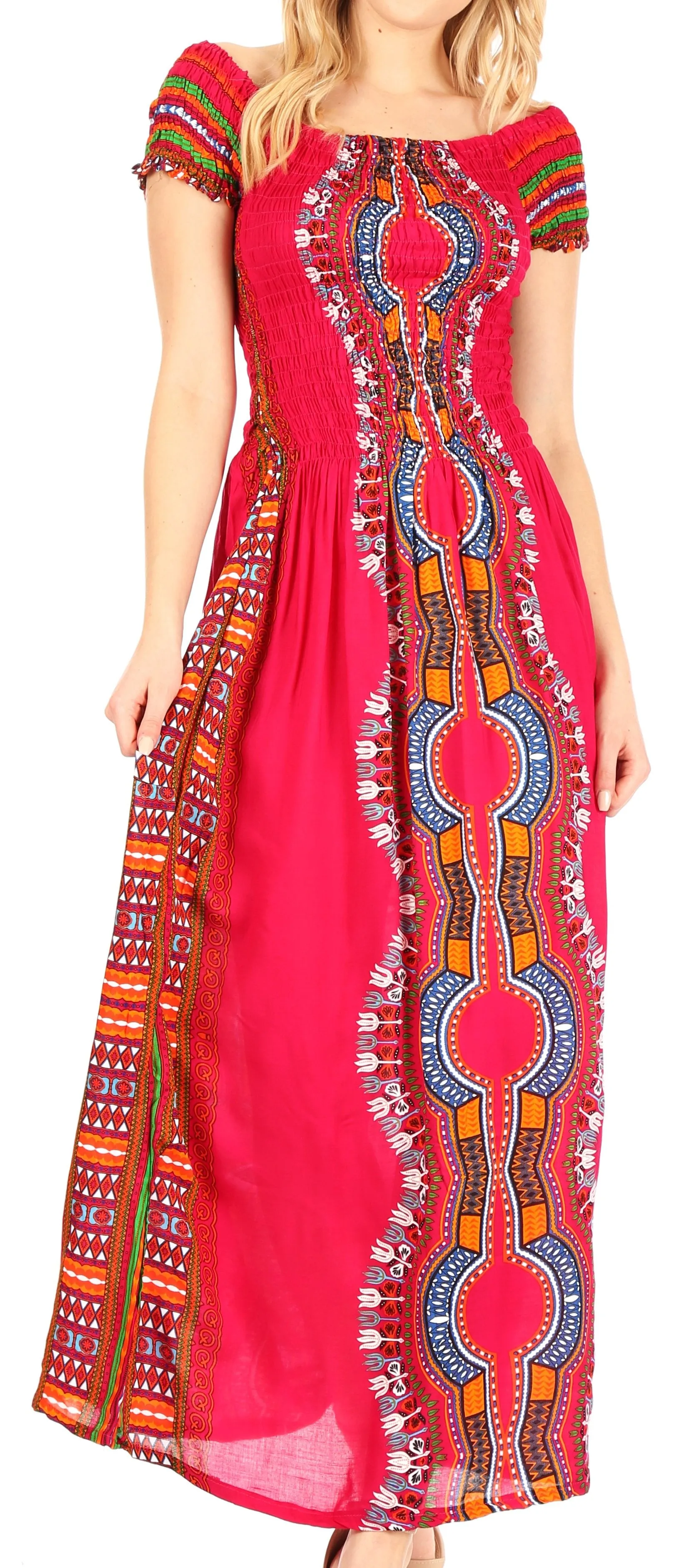 Sakkas Siona Women's Long Maxi Casual Off Shoulder Dashiki African Dress Elastic