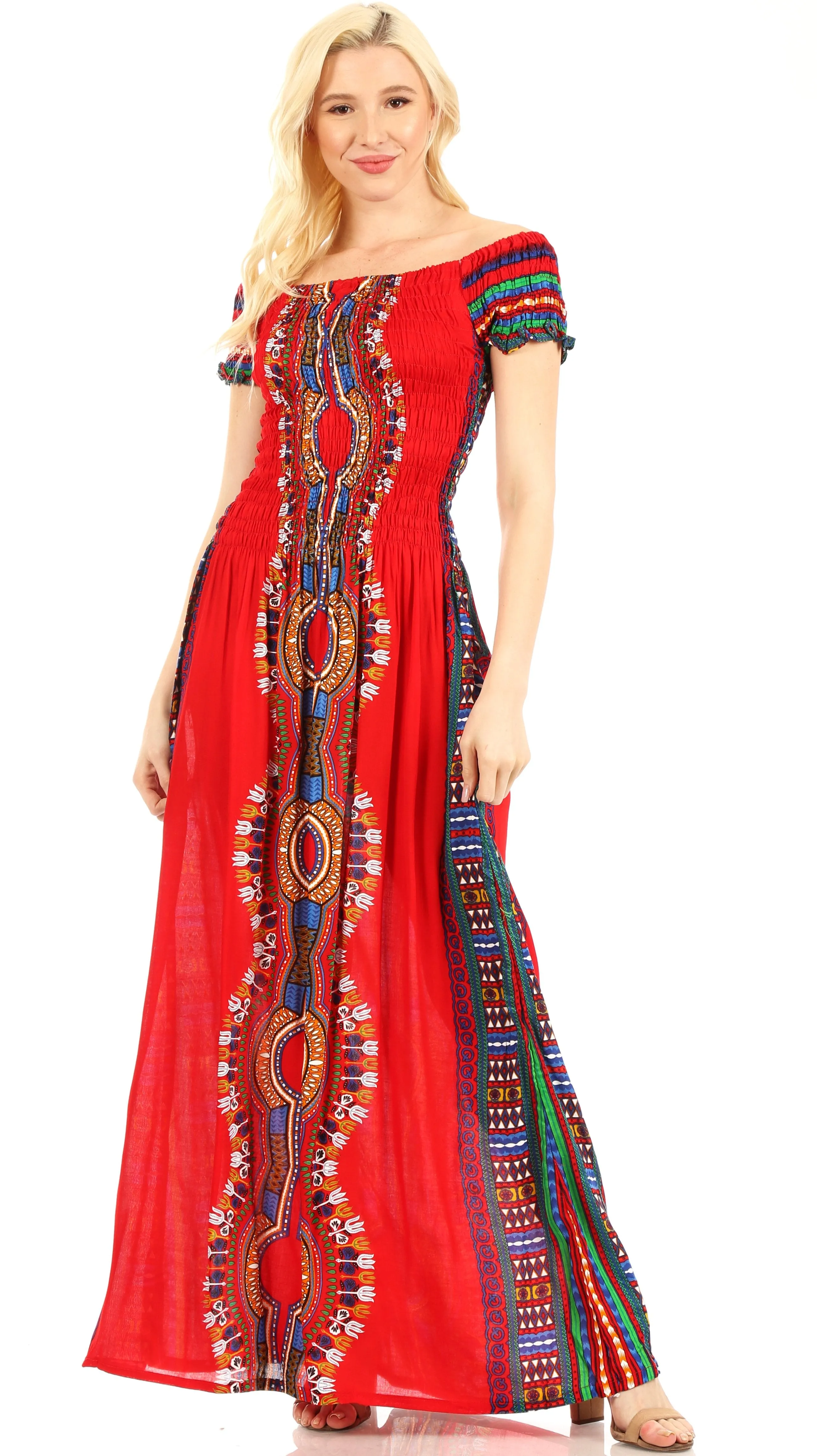 Sakkas Siona Women's Long Maxi Casual Off Shoulder Dashiki African Dress Elastic