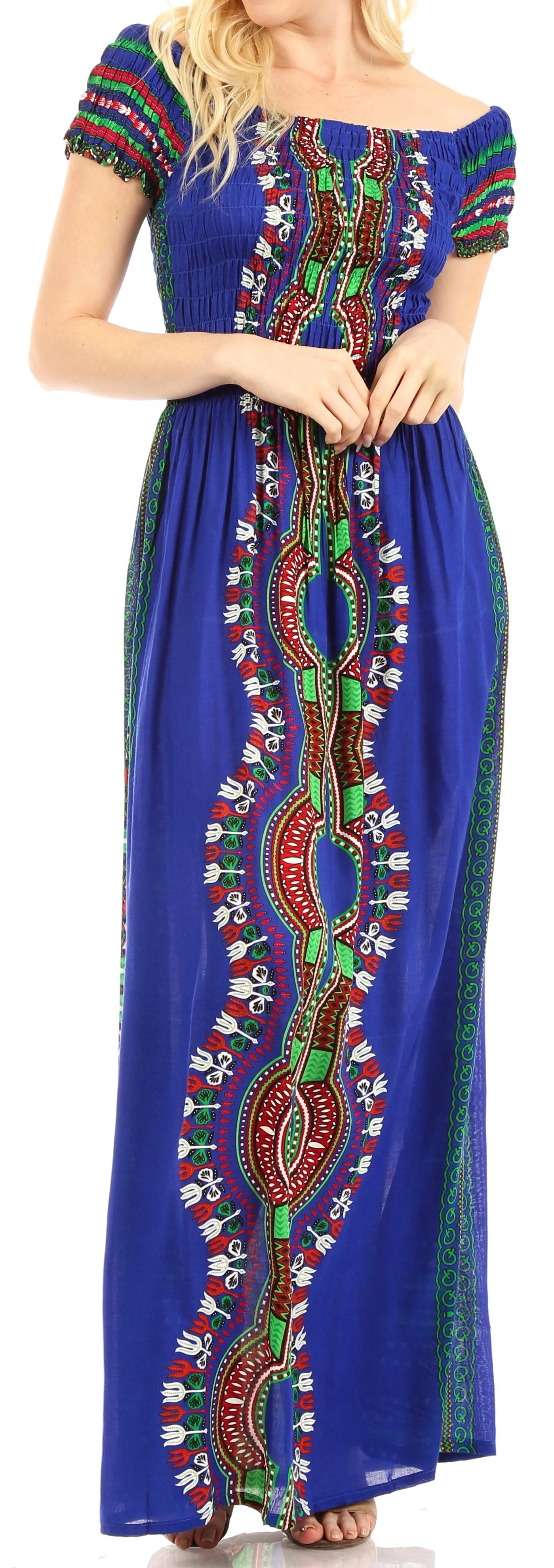 Sakkas Siona Women's Long Maxi Casual Off Shoulder Dashiki African Dress Elastic