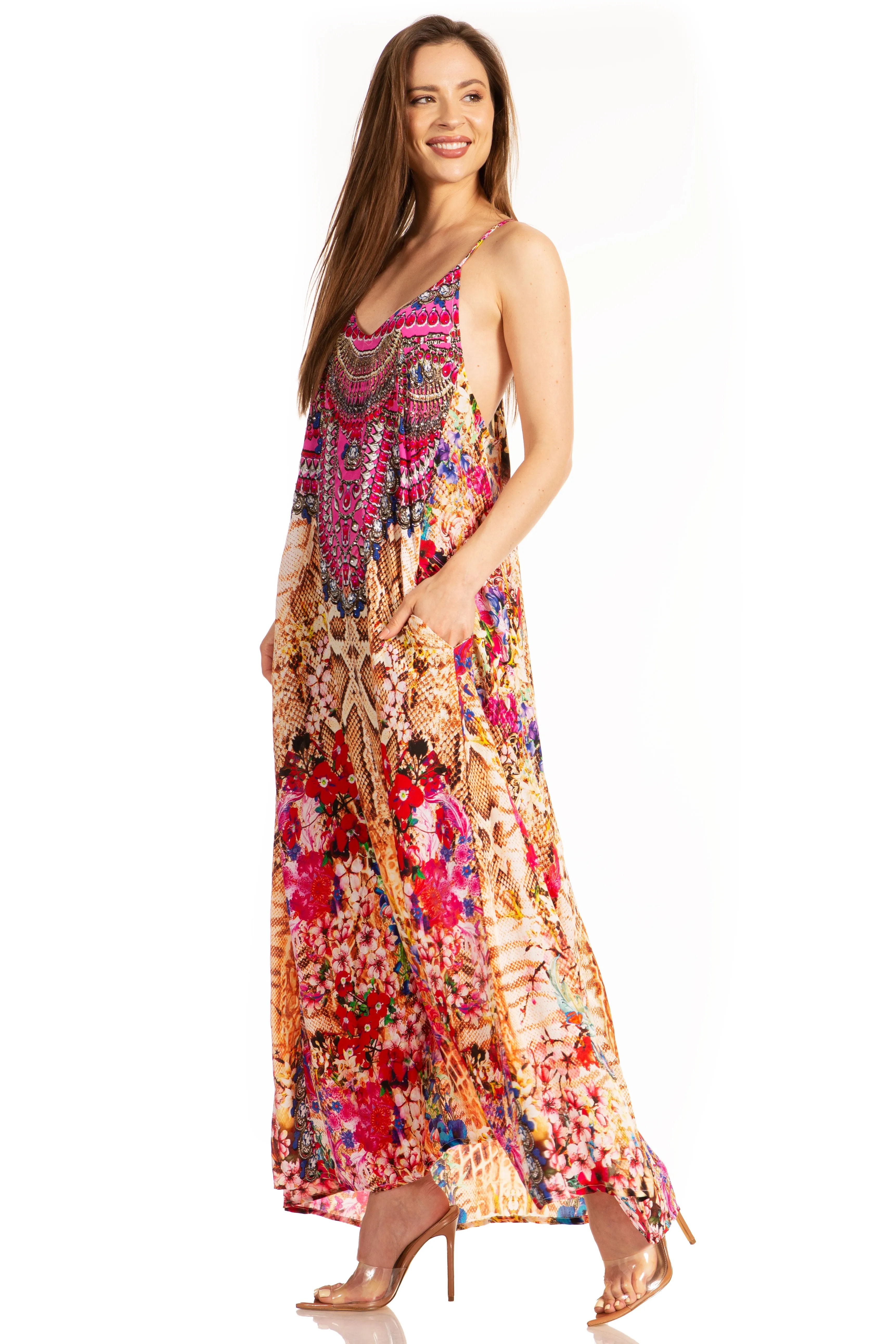 Sakkas Sofia Women's Spaghetti Strap V-neck Floral Print Summer Casual Maxi Dress