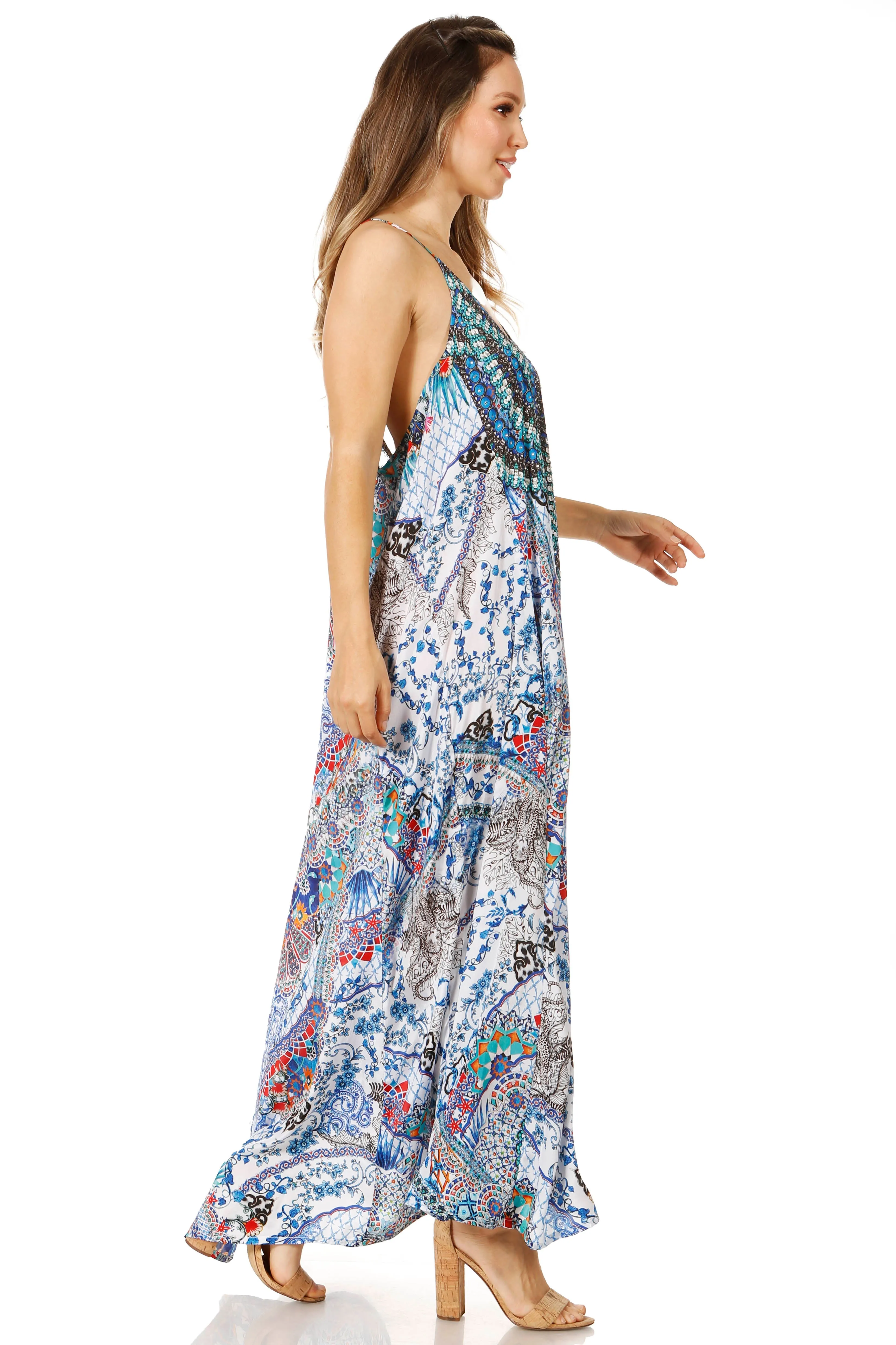 Sakkas Sofia Women's Spaghetti Strap V-neck Floral Print Summer Casual Maxi Dress