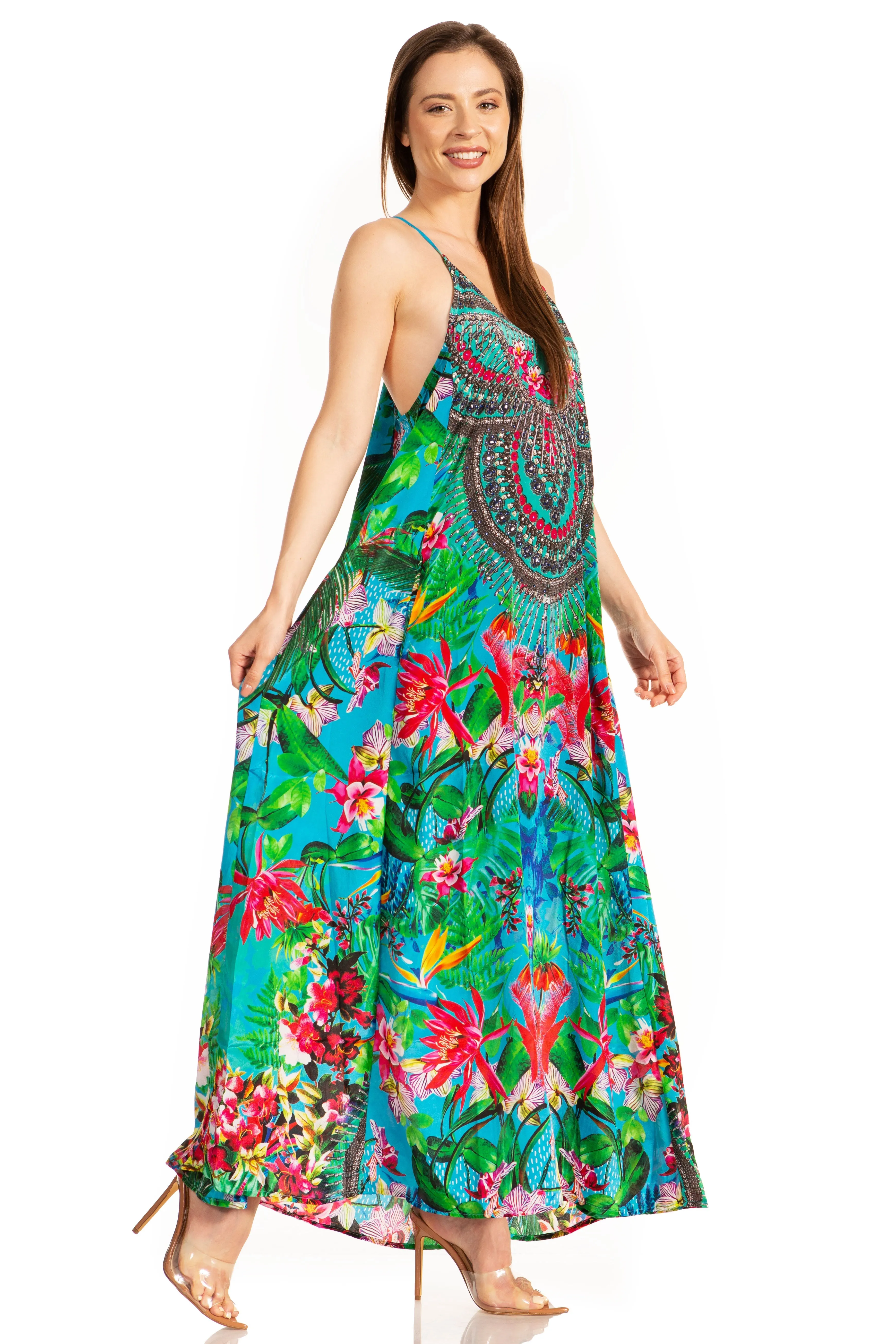 Sakkas Sofia Women's Spaghetti Strap V-neck Floral Print Summer Casual Maxi Dress