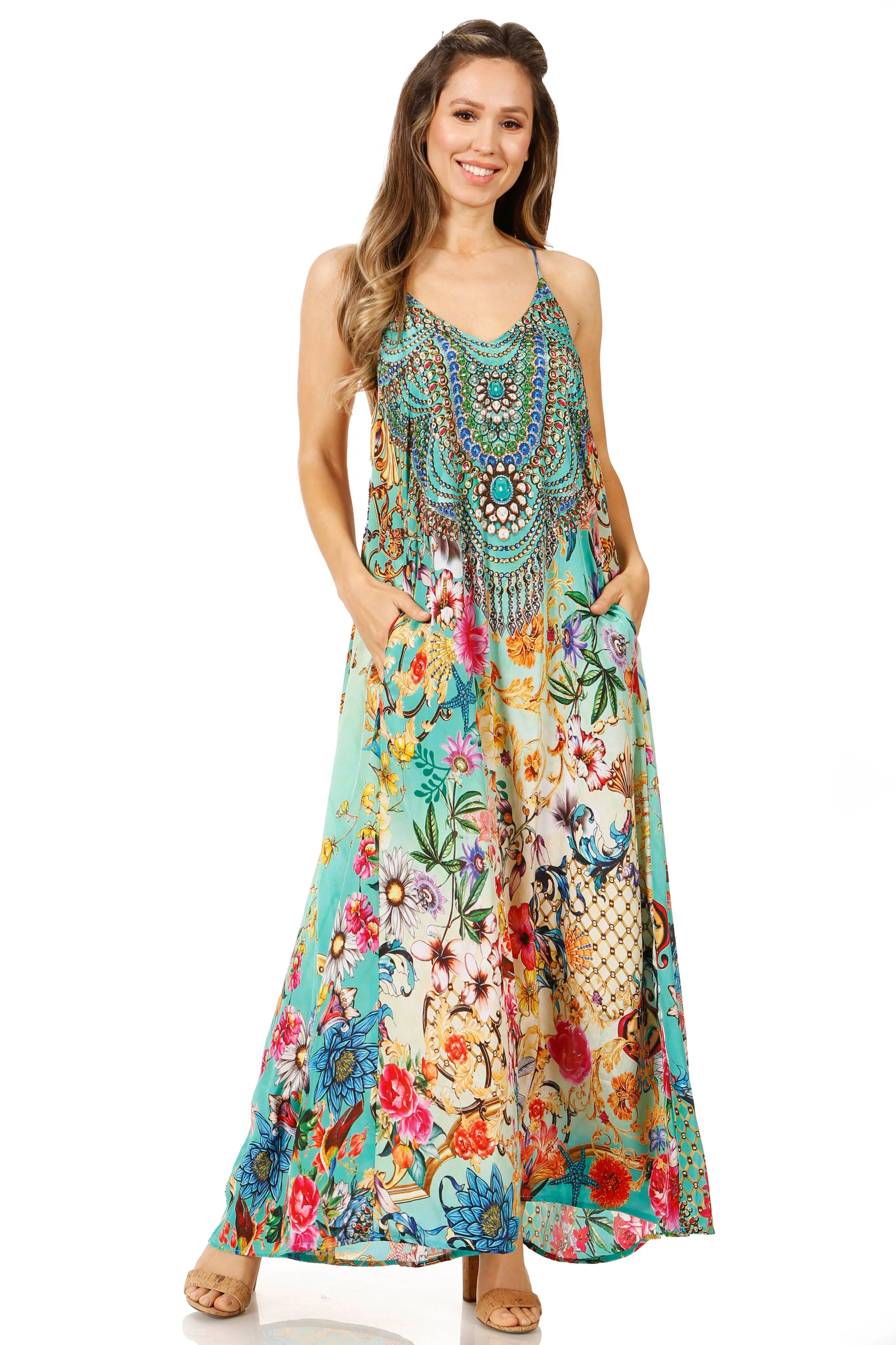 Sakkas Sofia Women's Spaghetti Strap V-neck Floral Print Summer Casual Maxi Dress