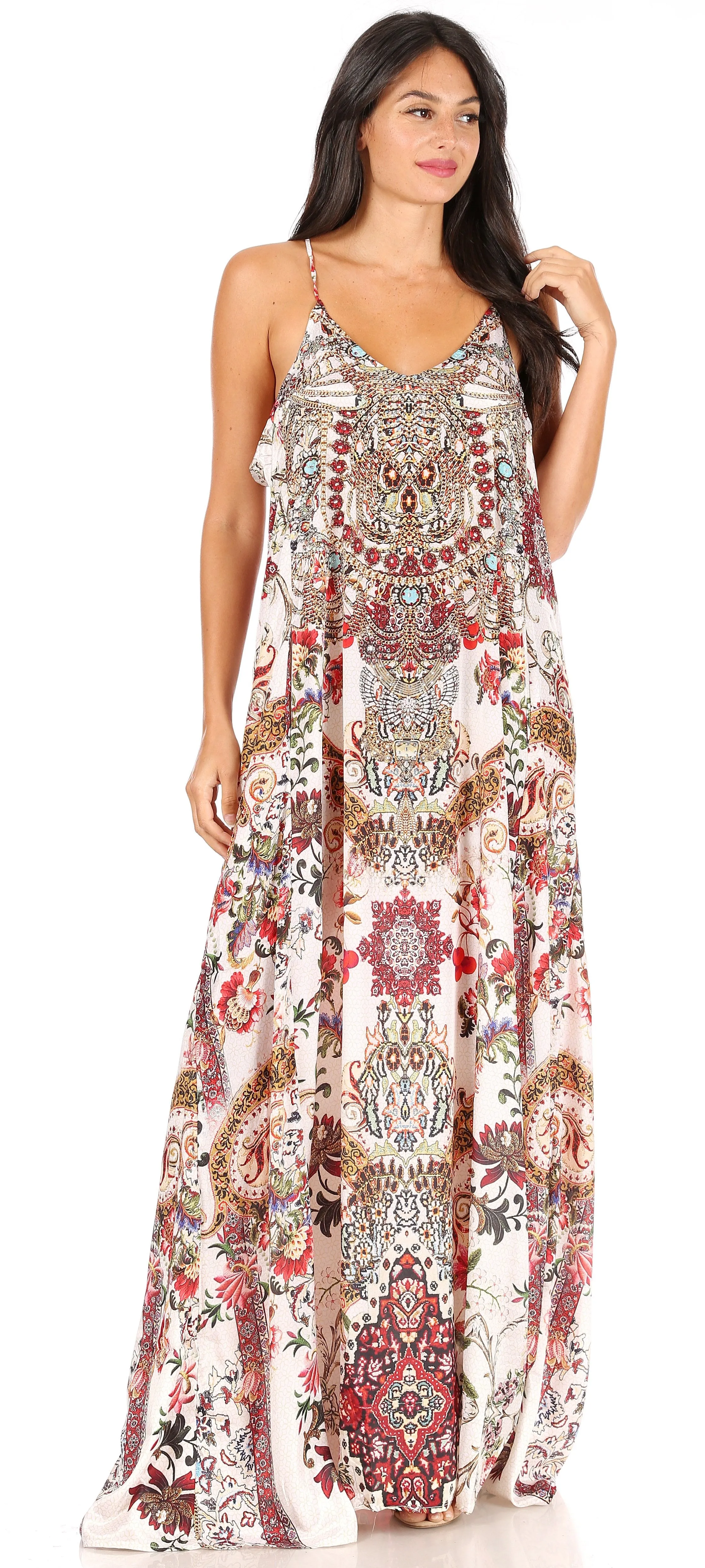 Sakkas Sofia Women's Spaghetti Strap V-neck Floral Print Summer Casual Maxi Dress