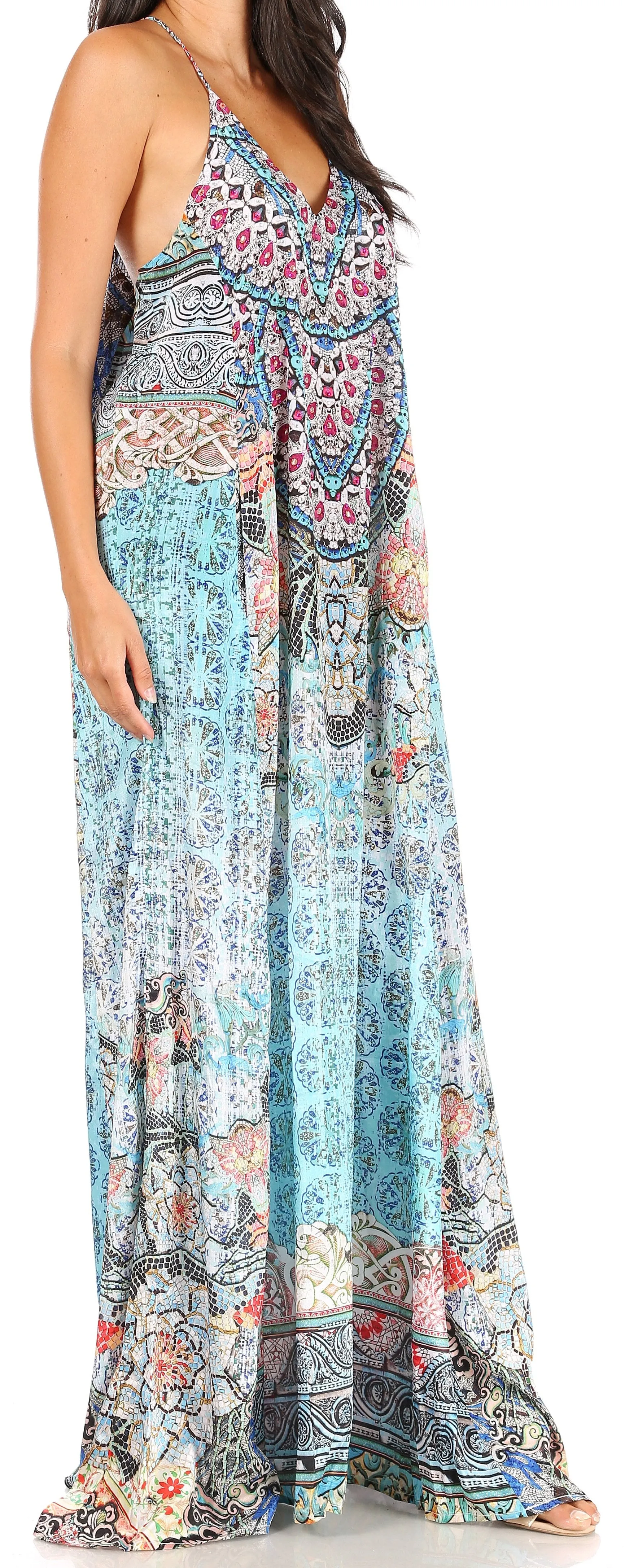 Sakkas Sofia Women's Spaghetti Strap V-neck Floral Print Summer Casual Maxi Dress