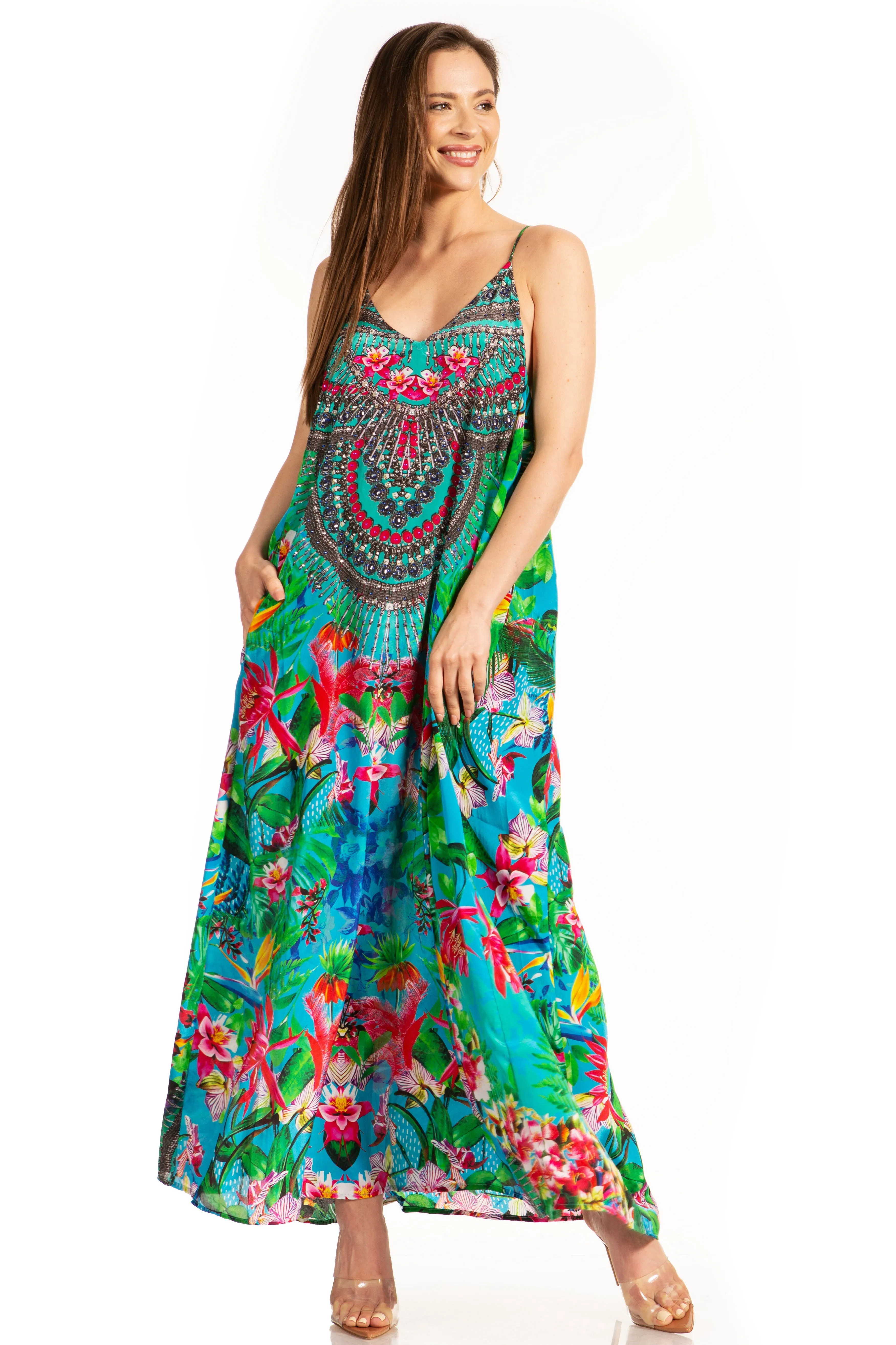 Sakkas Sofia Women's Spaghetti Strap V-neck Floral Print Summer Casual Maxi Dress