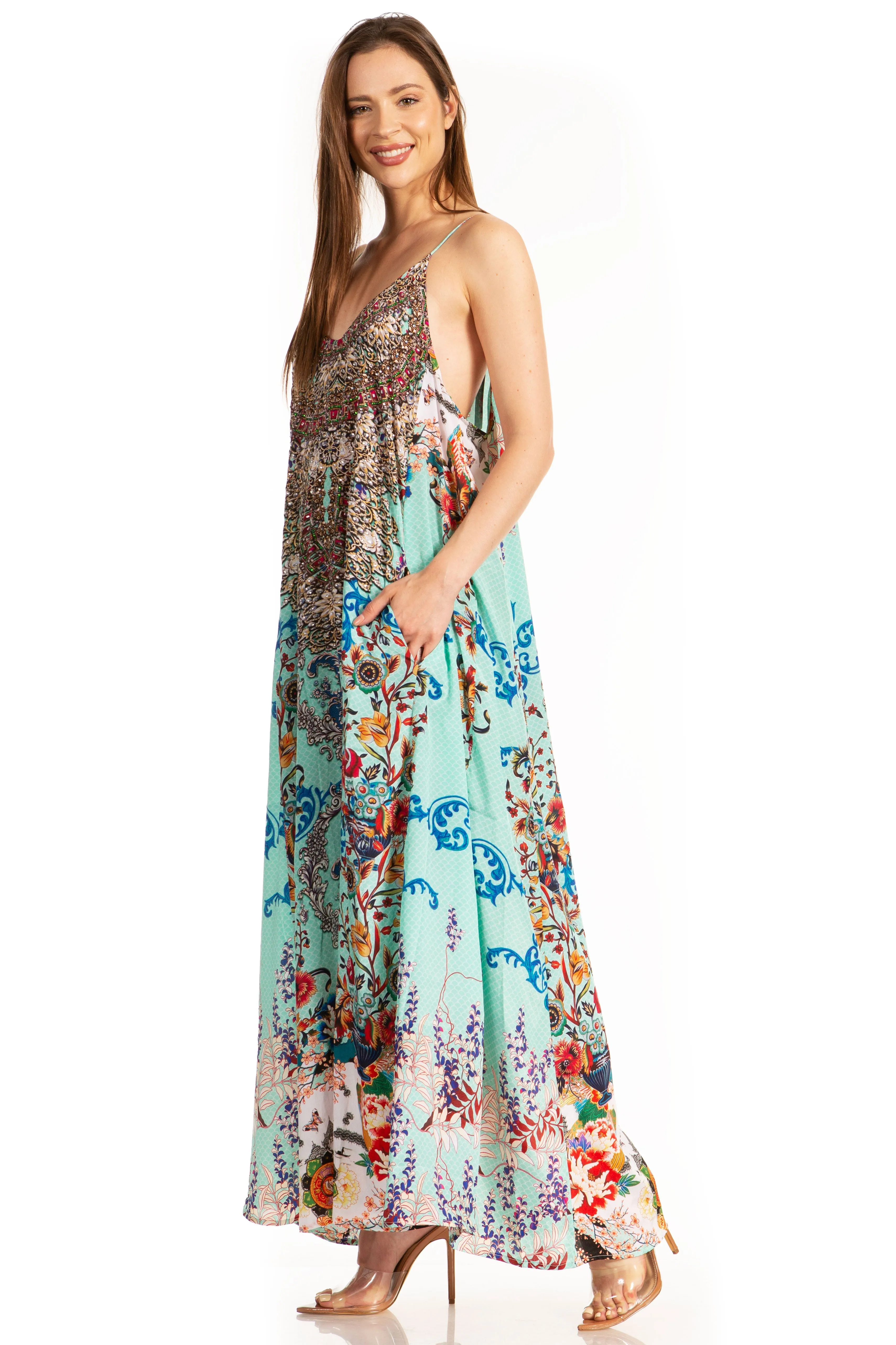 Sakkas Sofia Women's Spaghetti Strap V-neck Floral Print Summer Casual Maxi Dress