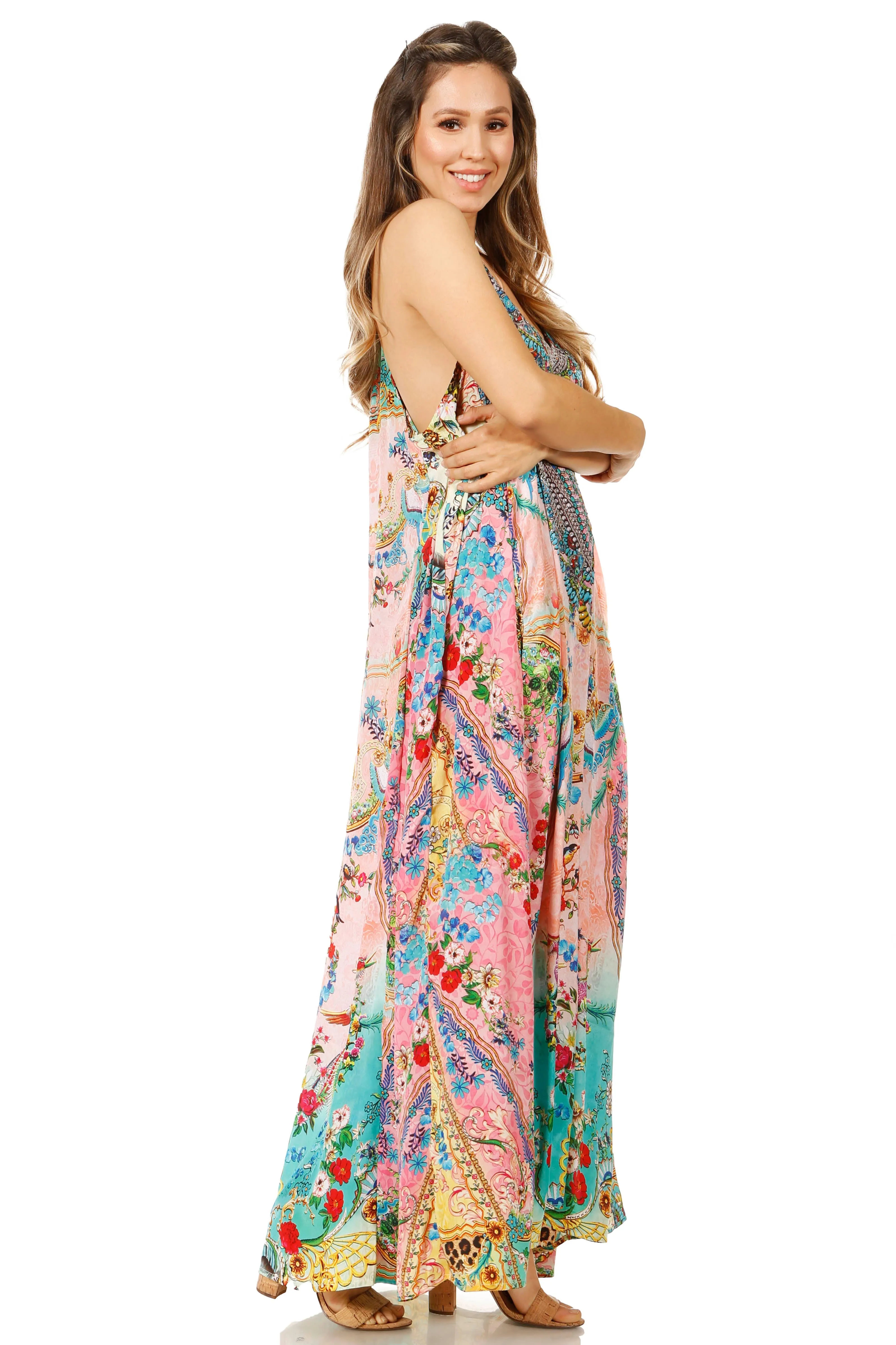 Sakkas Sofia Women's Spaghetti Strap V-neck Floral Print Summer Casual Maxi Dress