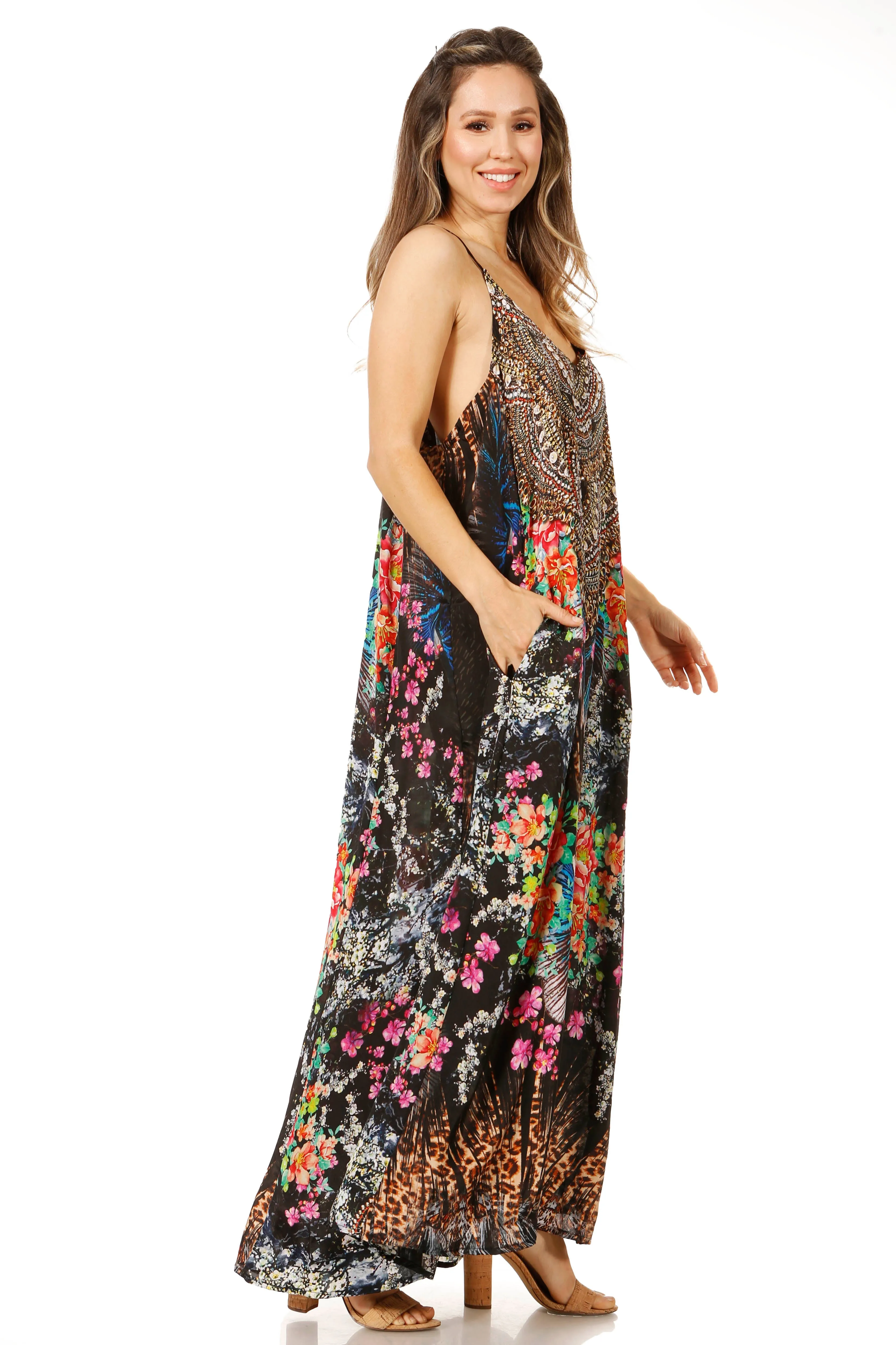 Sakkas Sofia Women's Spaghetti Strap V-neck Floral Print Summer Casual Maxi Dress