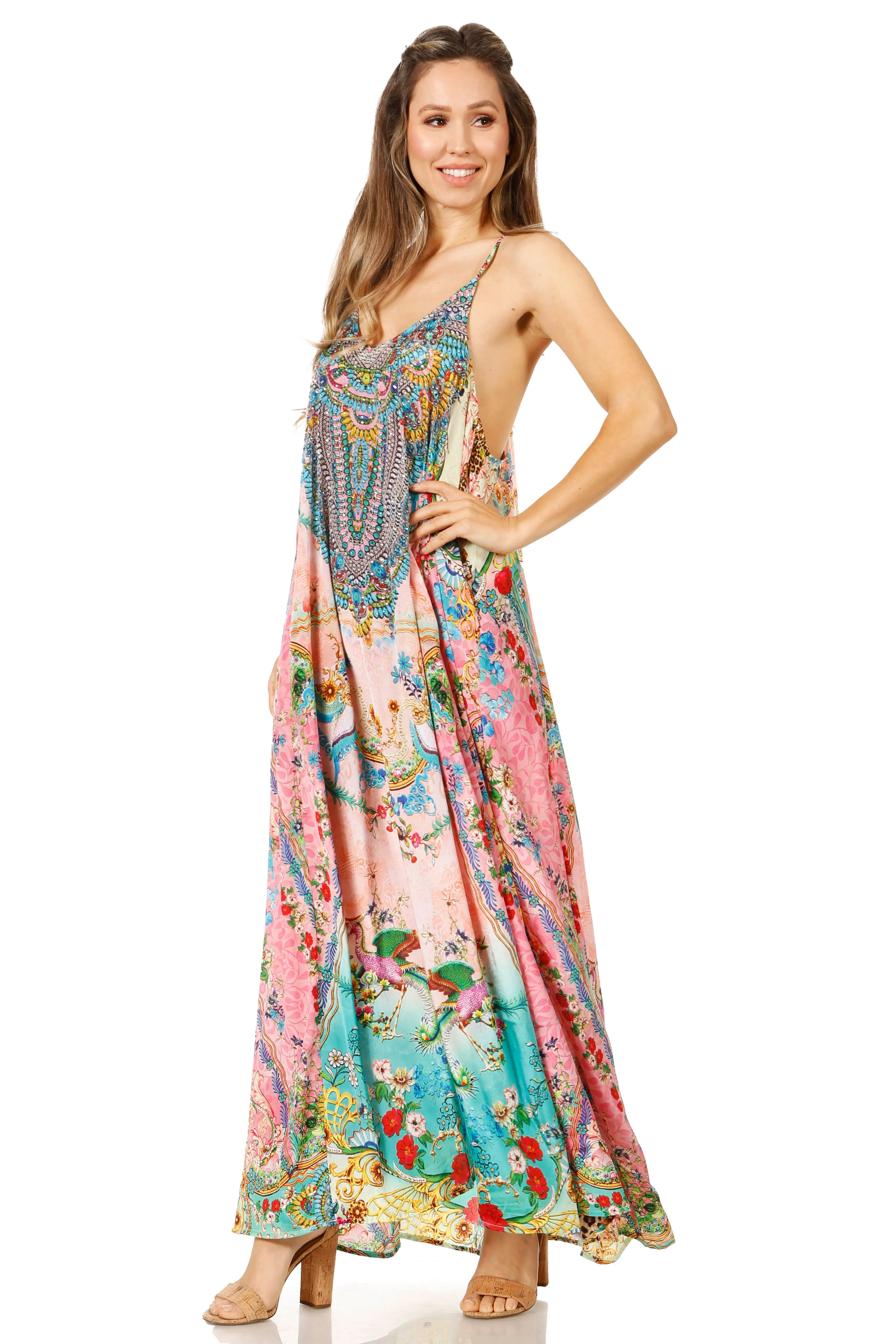 Sakkas Sofia Women's Spaghetti Strap V-neck Floral Print Summer Casual Maxi Dress