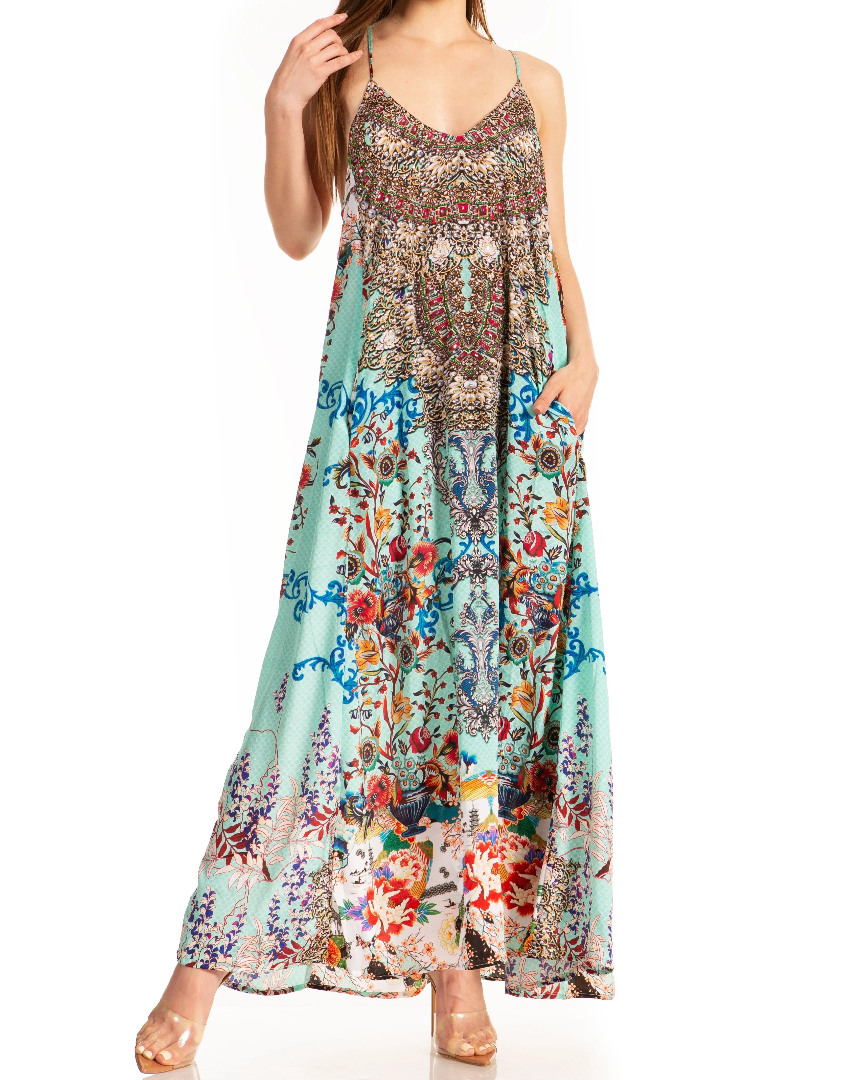 Sakkas Sofia Women's Spaghetti Strap V-neck Floral Print Summer Casual Maxi Dress