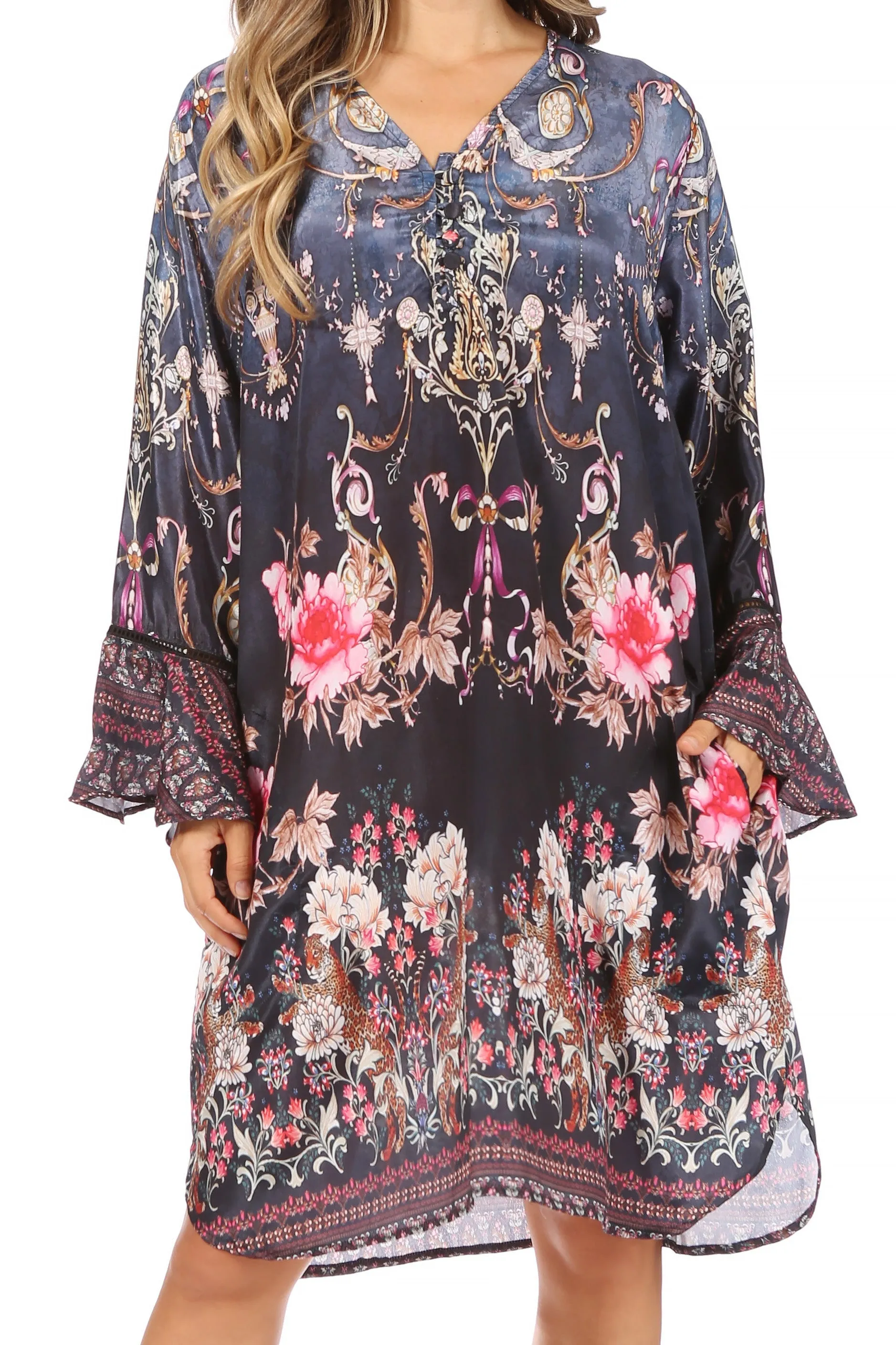 Sakkas Ximena Women's Floral Boho Cocktail Dress Tunic Cover-up V neck Summer