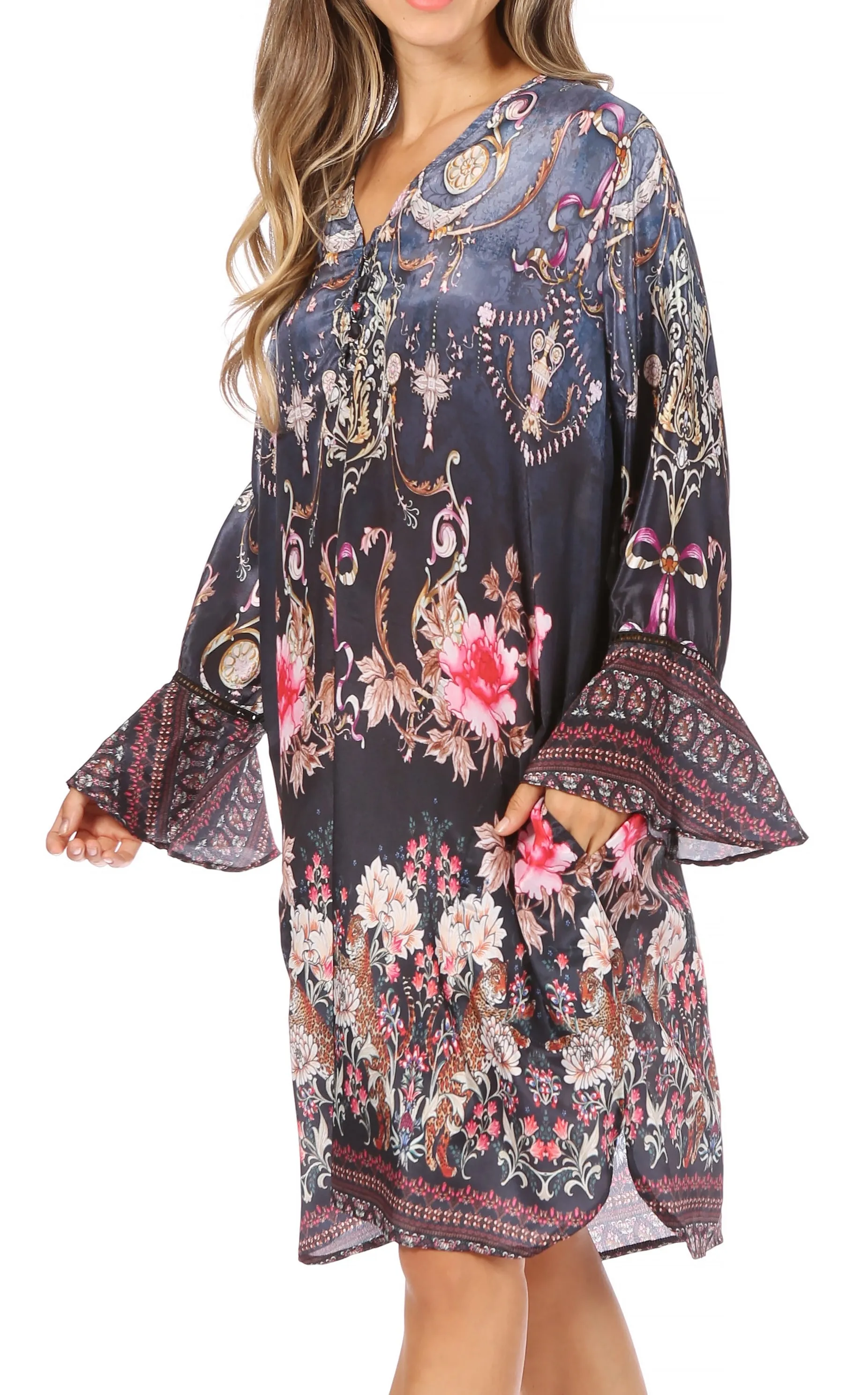 Sakkas Ximena Women's Floral Boho Cocktail Dress Tunic Cover-up V neck Summer