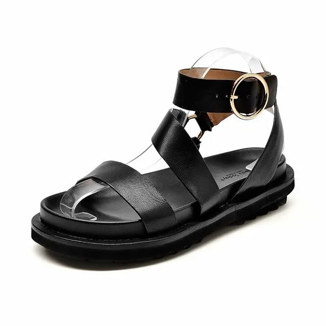 Sandals Women Sheepskin Genuine Leather Ankle Strap Metal Ring Buckle Lady Summer Platform Shoes Handmade 38123