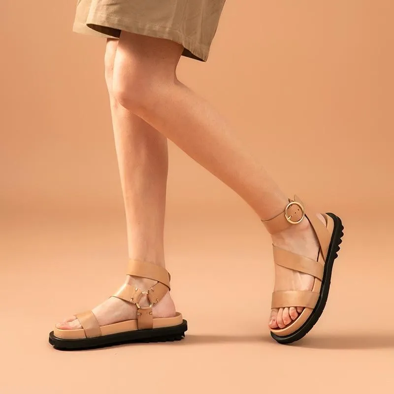 Sandals Women Sheepskin Genuine Leather Ankle Strap Metal Ring Buckle Lady Summer Platform Shoes Handmade 38123