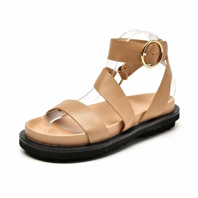 Sandals Women Sheepskin Genuine Leather Ankle Strap Metal Ring Buckle Lady Summer Platform Shoes Handmade 38123