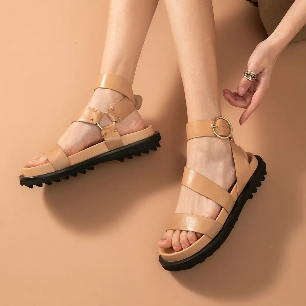 Sandals Women Sheepskin Genuine Leather Ankle Strap Metal Ring Buckle Lady Summer Platform Shoes Handmade 38123