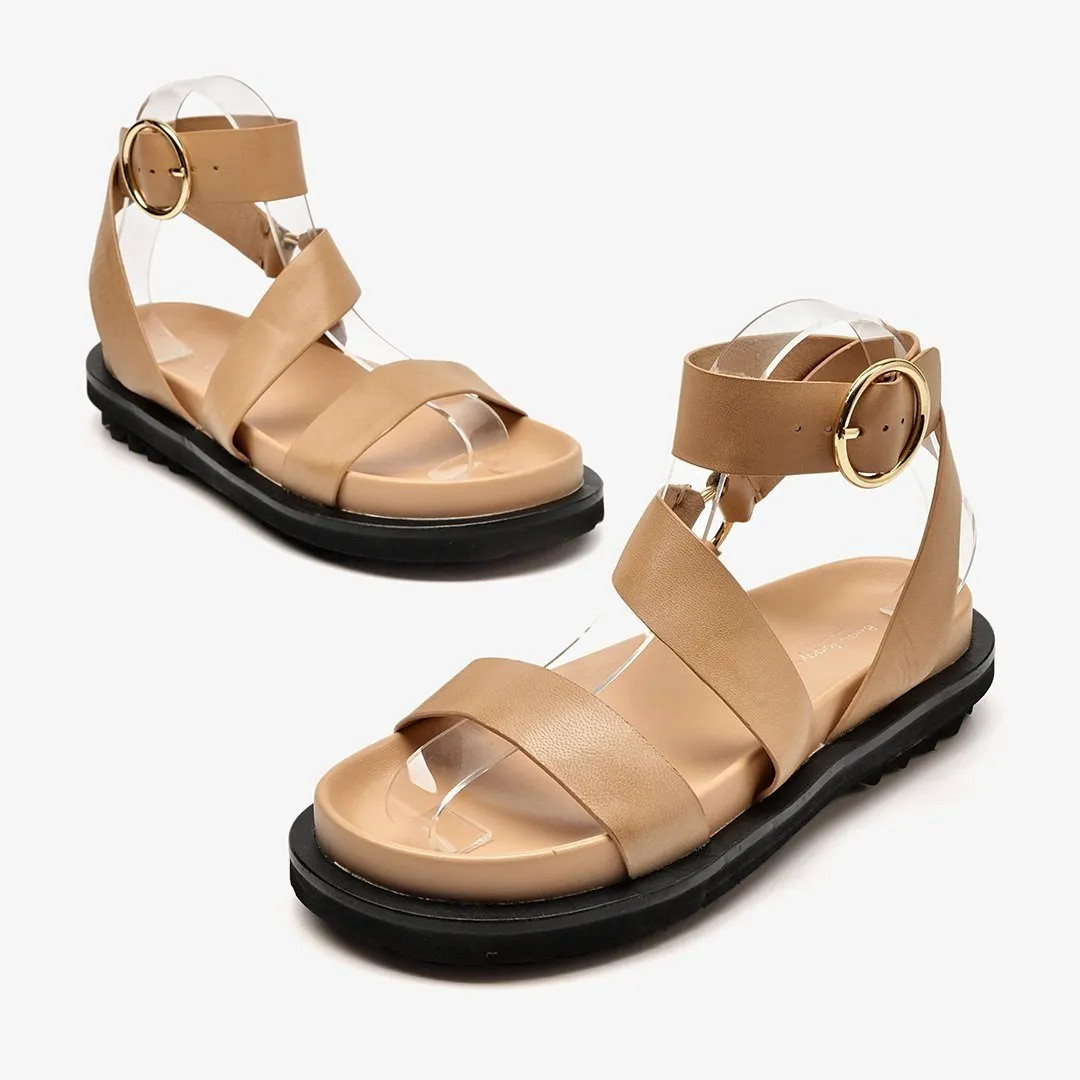 Sandals Women Sheepskin Genuine Leather Ankle Strap Metal Ring Buckle Lady Summer Platform Shoes Handmade 38123