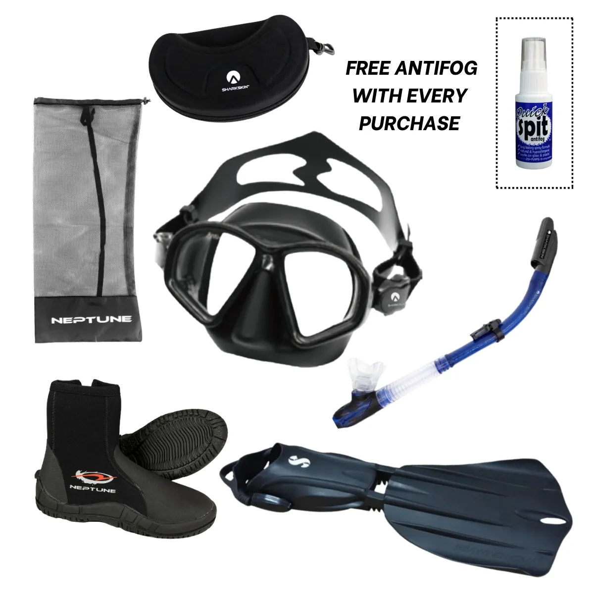 Sharkskin Seaclear Mask With UV Anti Fog Coating & Sharkskin Easyclear Splash Guard Snorkel Neptune Mesh Snorkel Bag Neptune Explorer Dive Boots Seawing Nova Fins With Free Anti-fog