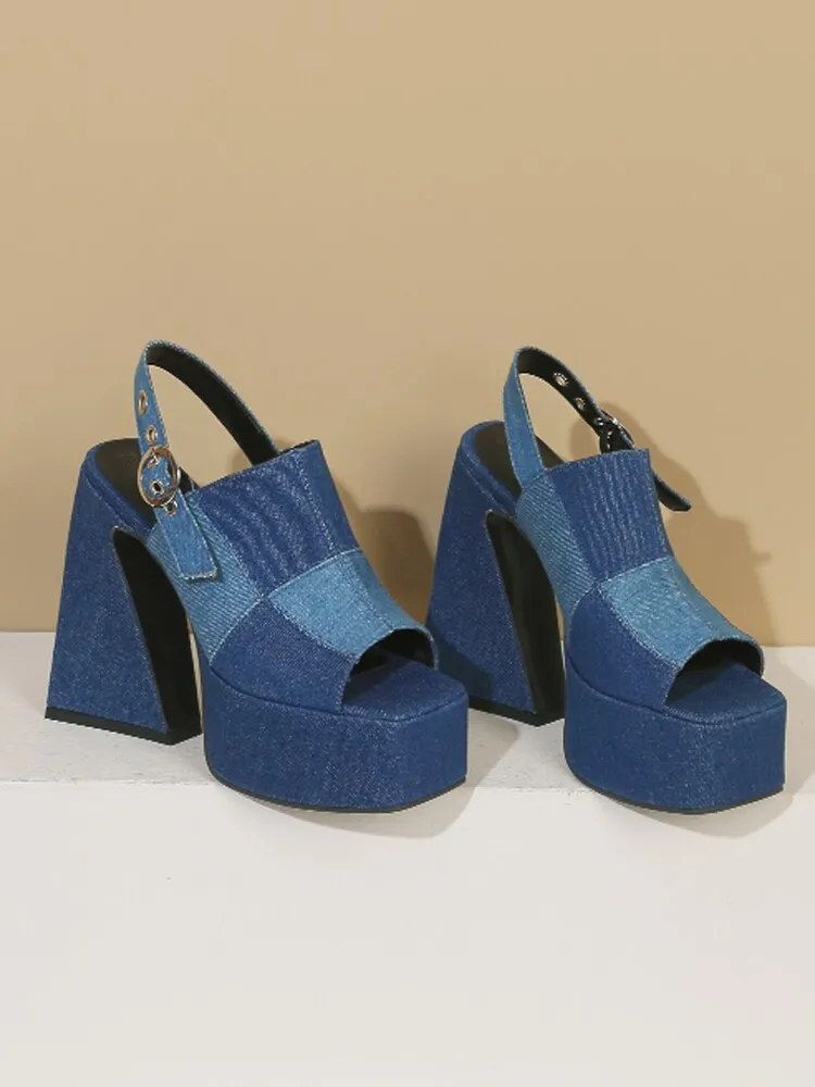 Spliced Denim High Heel Platform Sandals