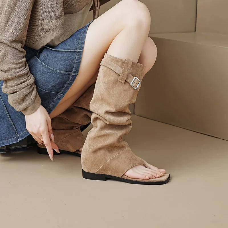 Split Toe Gladiator Sandals Boots Suede Leather Wedge Heel in Black/Brown/Apricot