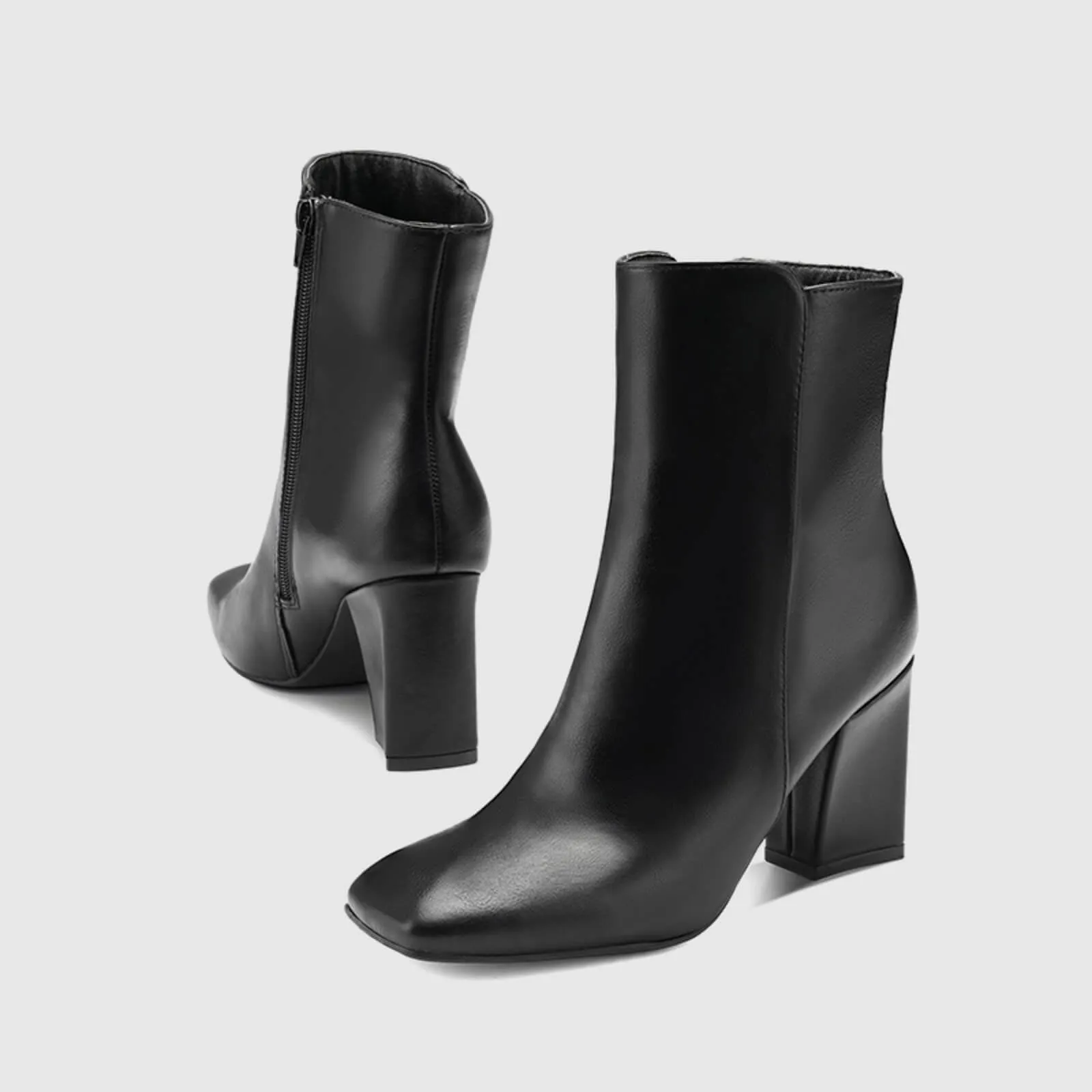 Square Toe Side Zipper Chunky Block Heel Mid Ankle Boots