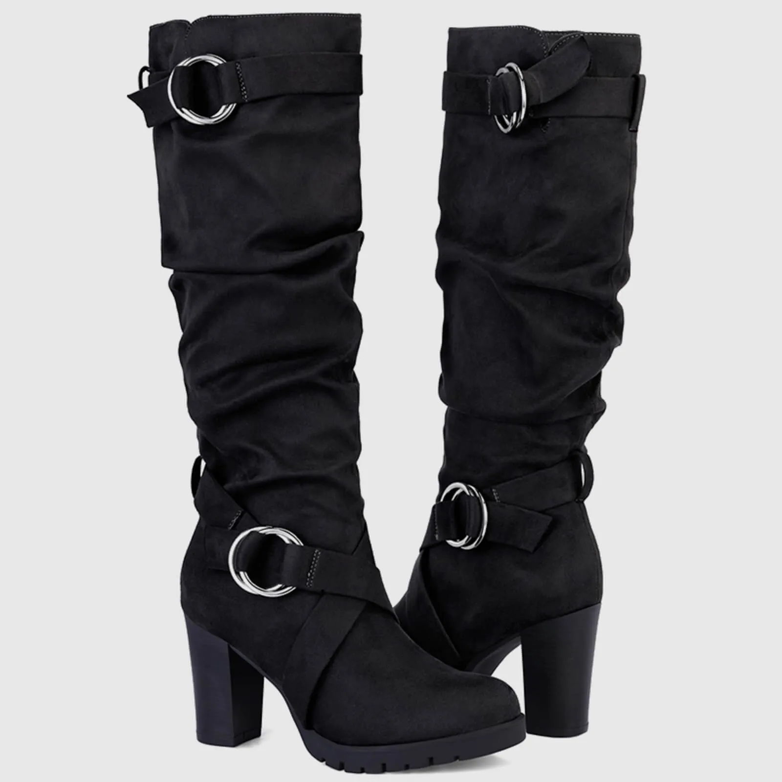 Stacked Knee High Boots with Round Buckle