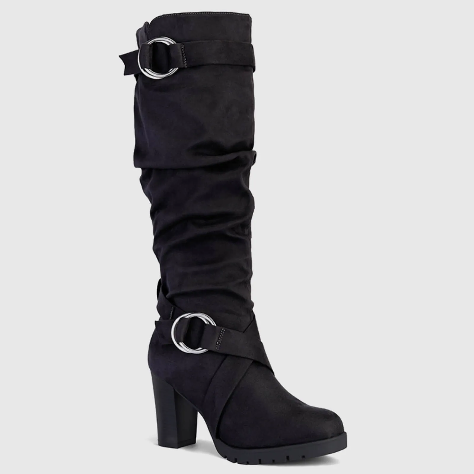 Stacked Knee High Boots with Round Buckle