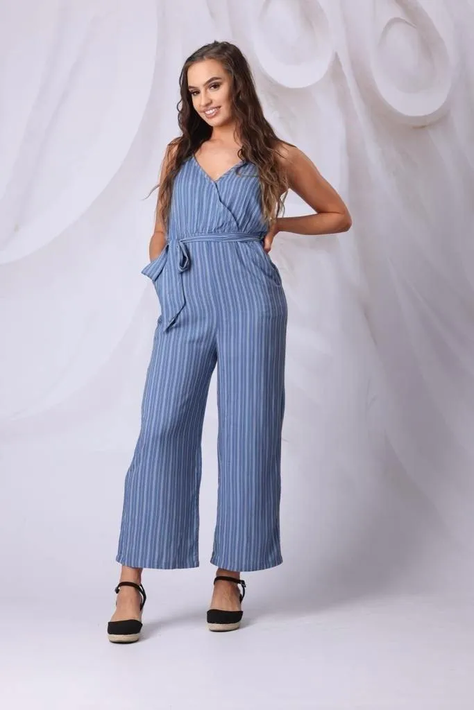 Striped Wide Leg Jumpsuit in Blue