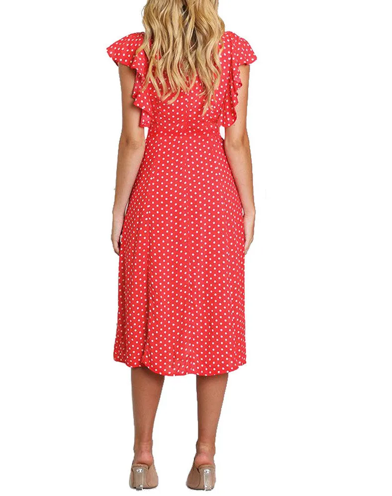 Summer Boho Polka Dot Sleeveless V Neck Swing Midi Dress with Pockets