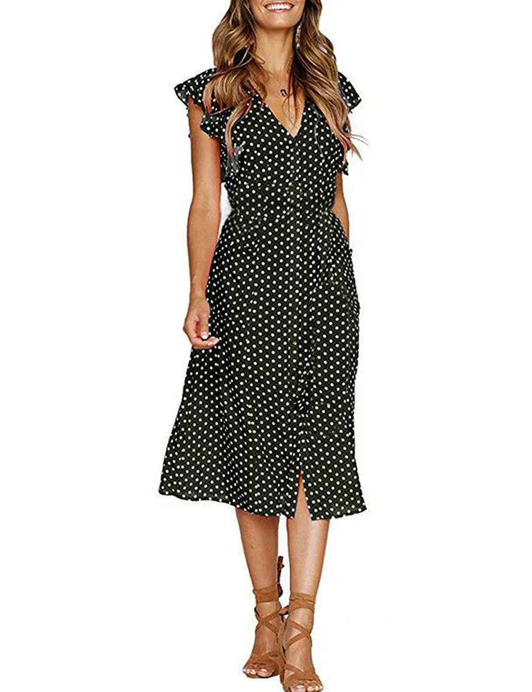 Summer Boho Polka Dot Sleeveless V Neck Swing Midi Dress with Pockets