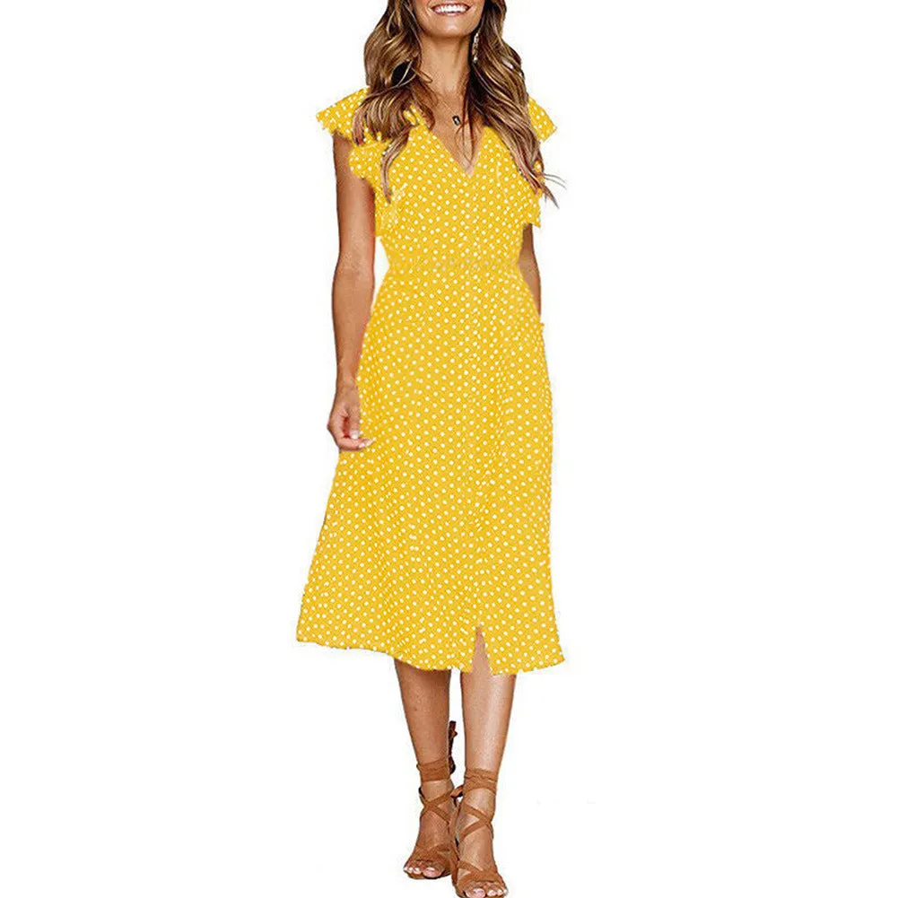 Summer Boho Polka Dot Sleeveless V Neck Swing Midi Dress with Pockets