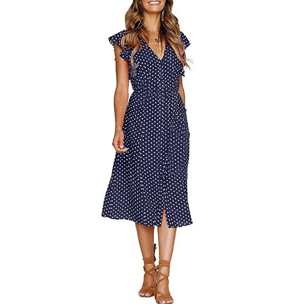 Summer Boho Polka Dot Sleeveless V Neck Swing Midi Dress with Pockets