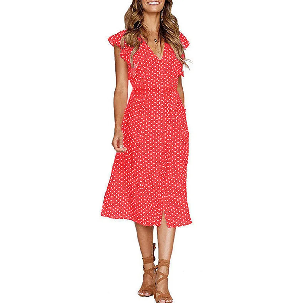 Summer Boho Polka Dot Sleeveless V Neck Swing Midi Dress with Pockets