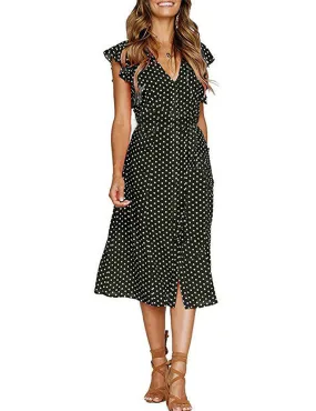 Summer Boho Polka Dot Sleeveless V Neck Swing Midi Dress with Pockets