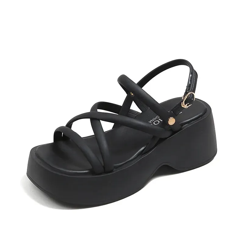 Thick soled women's  new summer fashion one line buckle fairy paired with skirt height sandals