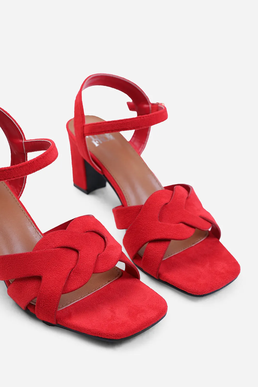 TINSLEY LOW BLOCK HEEL WITH BRAIDED DETAIL IN RED SUEDE