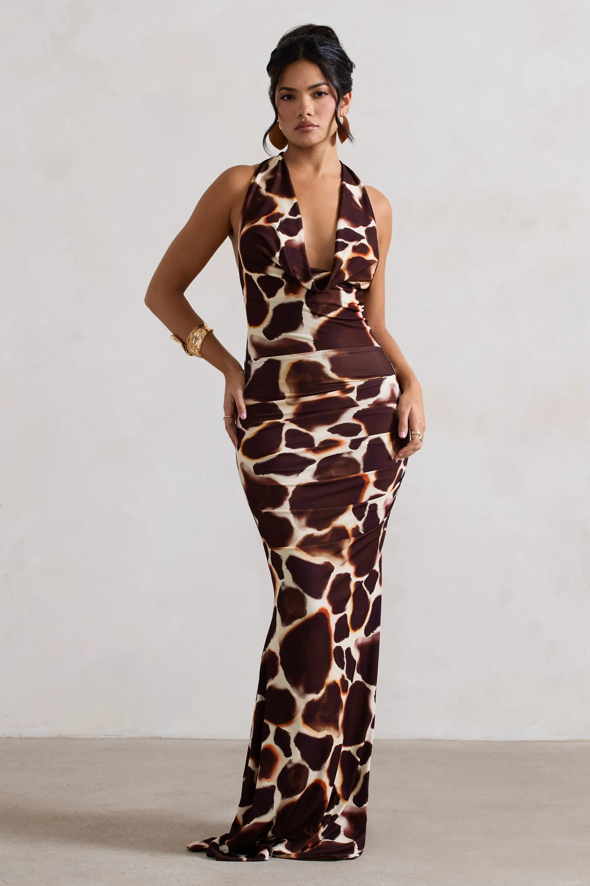 Tulum | Giraffe Print Cowl-Neck Gathered Split Maxi Dress