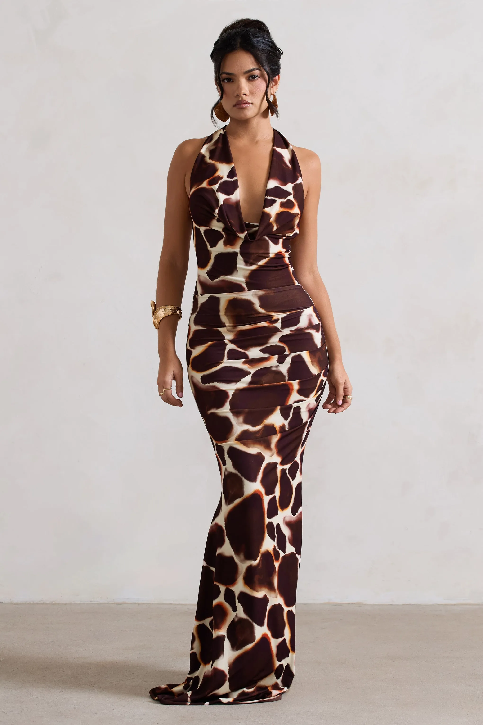 Tulum | Giraffe Print Cowl-Neck Gathered Split Maxi Dress