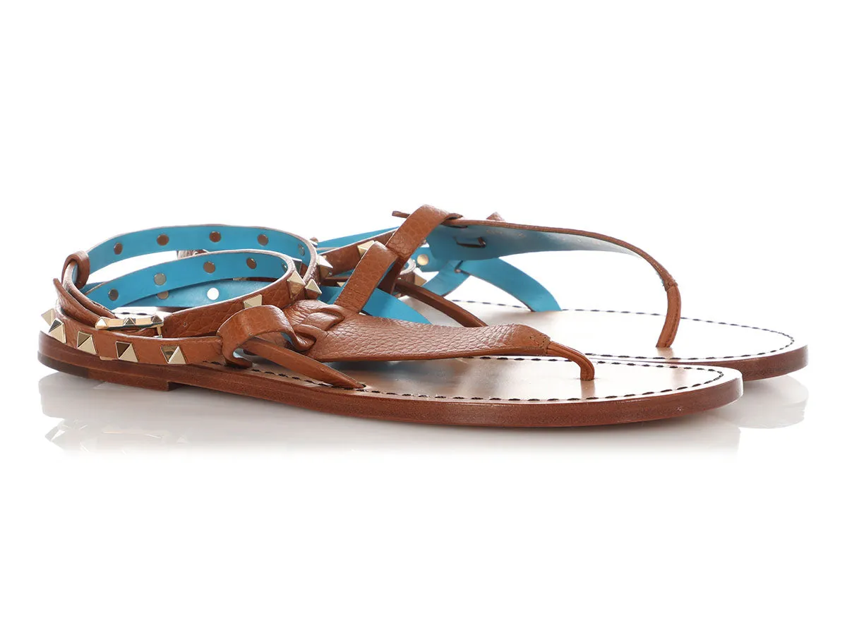 Valentino Brown Rockstud Gladiator Thong Sandals